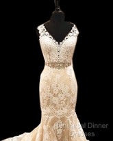 Lace Cap Sleeves Mermaid Wedding Dress V Neck With Sashes